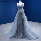 Grey Mermaid Overskirt Evening Dresses Gowns 2025 Feather Beaded Elegant For Women Party HM67340