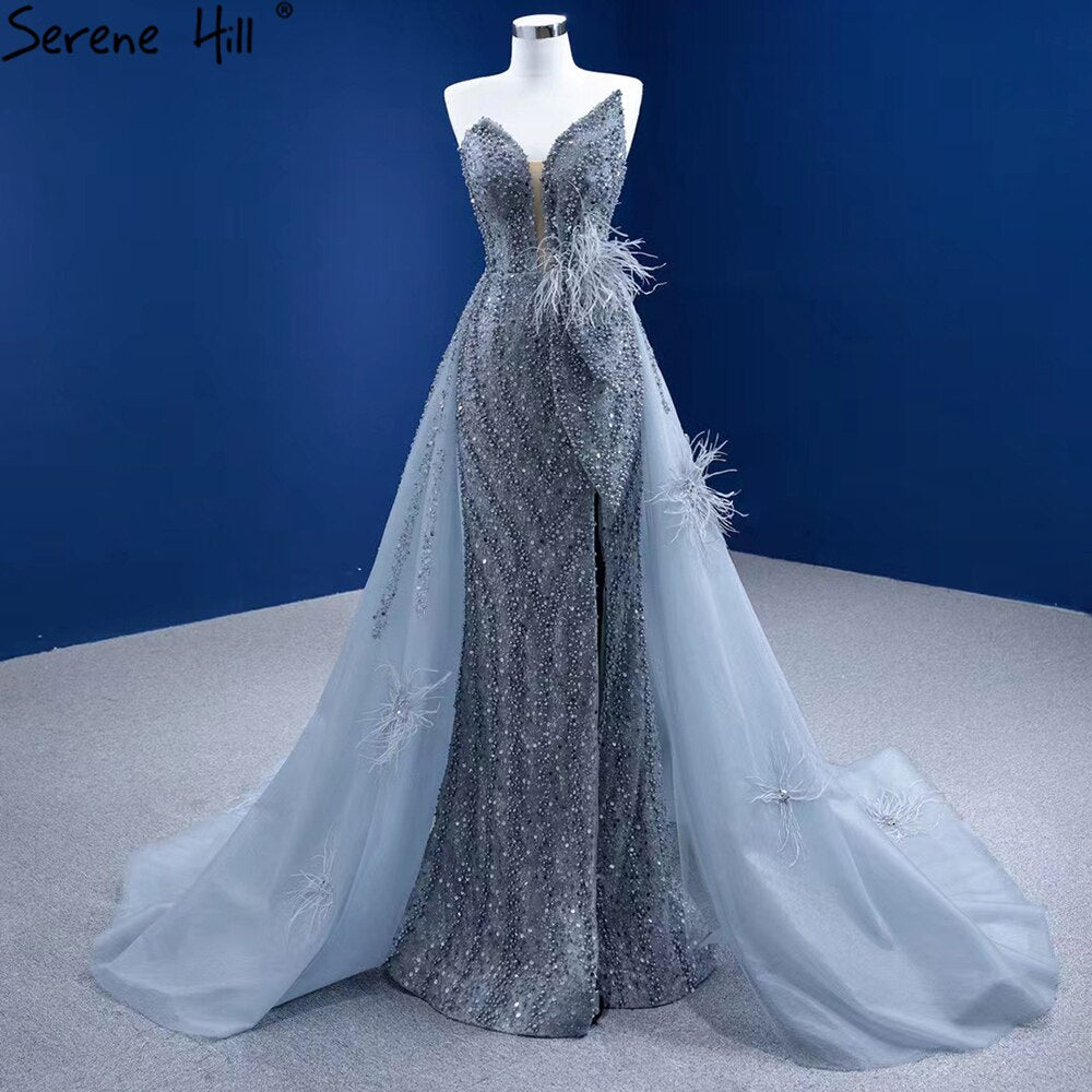 Grey Mermaid Overskirt Evening Dresses Gowns 2025 Feather Beaded Elegant For Women Party HM67340