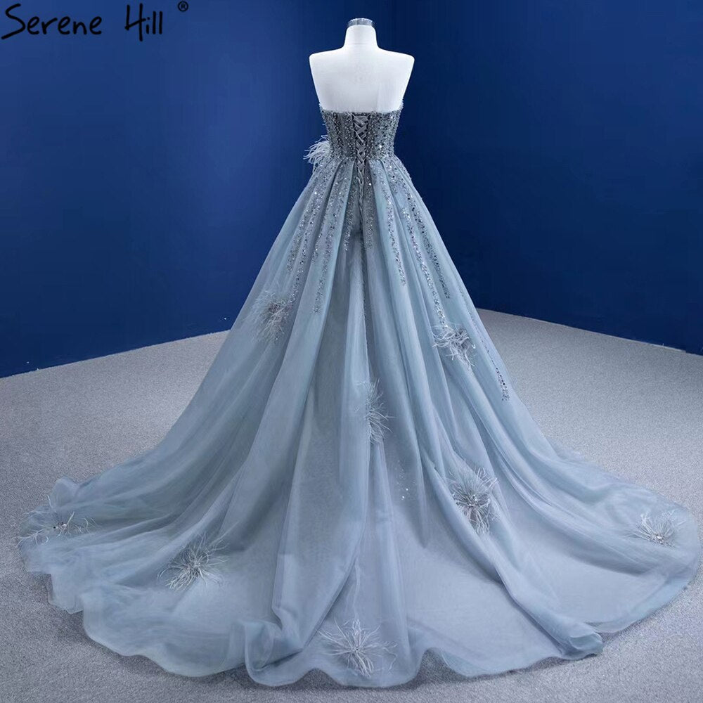Grey Mermaid Overskirt Evening Dresses Gowns 2025 Feather Beaded Elegant For Women Party HM67340