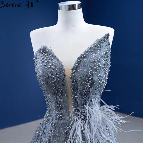 Grey Mermaid Overskirt Evening Dresses Gowns 2025 Feather Beaded Elegant For Women Party HM67340