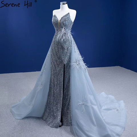 Grey Mermaid Overskirt Evening Dresses Gowns 2025 Feather Beaded Elegant For Women Party HM67340