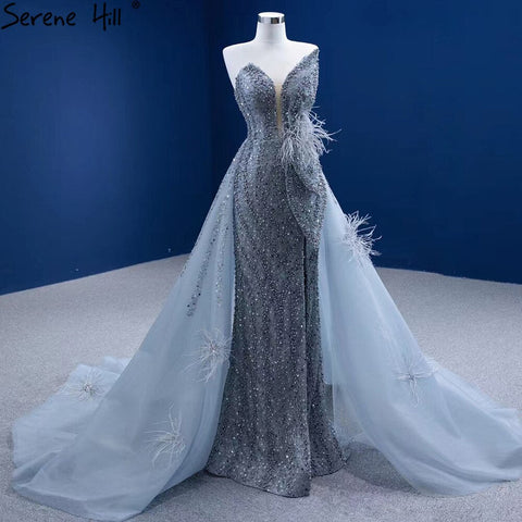 Grey Mermaid Overskirt Evening Dresses Gowns 2025 Feather Beaded Elegant For Women Party HM67340