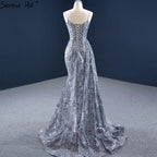 Grey Mermaid Sexy Evening Dresses 2025 Handmade Flowers Beading Sleeveless Formal Dress HM67181