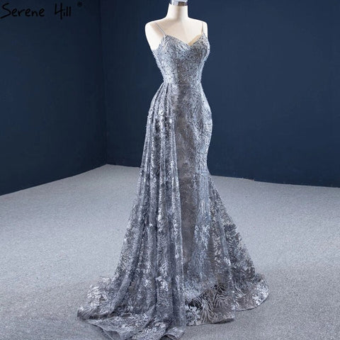 Grey Mermaid Sexy Evening Dresses 2025 Handmade Flowers Beading Sleeveless Formal Dress HM67181