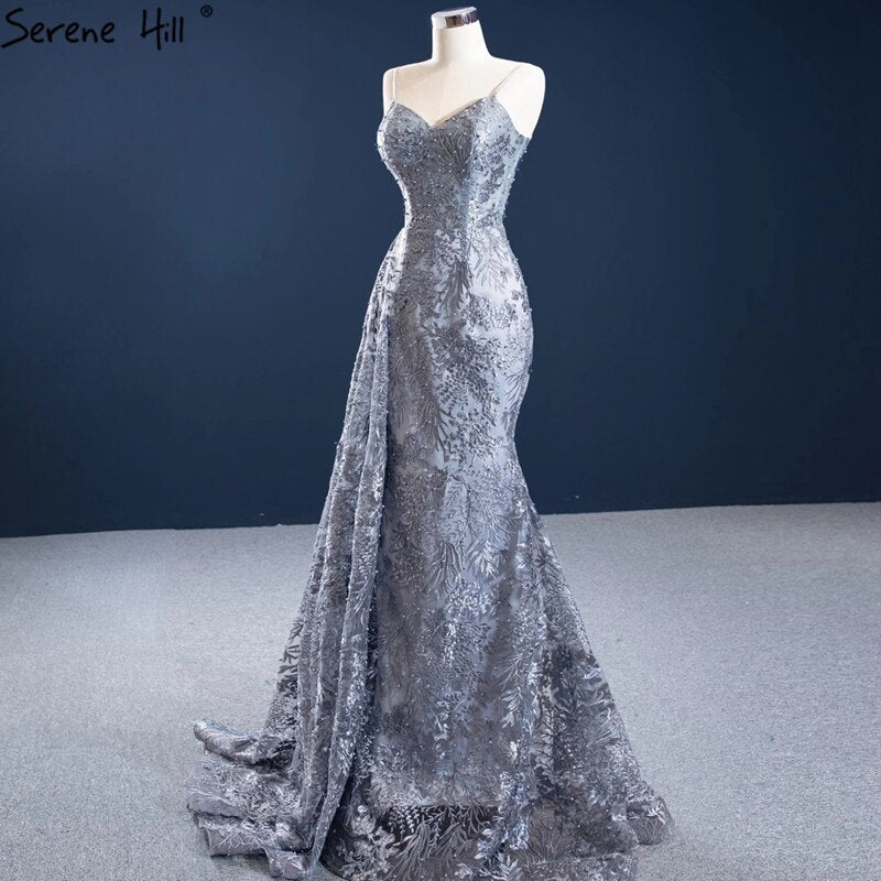 Grey Mermaid Sexy Evening Dresses 2025 Handmade Flowers Beading Sleeveless Formal Dress HM67181