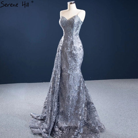 Grey Mermaid Sexy Evening Dresses 2025 Handmade Flowers Beading Sleeveless Formal Dress HM67181