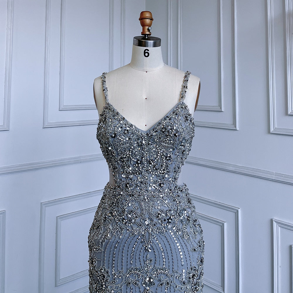 Grey Mermaid Sexy Spaghetti Straps Cut Out Luxury Beaded Feather Dress Evening Gowns 2025 For Woman Party LA71774