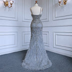 Grey Mermaid Sexy Spaghetti Straps Cut Out Luxury Beaded Feather Dress Evening Gowns 2025 For Woman Party LA71774