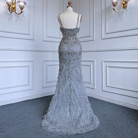 Grey Mermaid Sexy Spaghetti Straps Cut Out Luxury Beaded Feather Dress Evening Gowns 2025 For Woman Party LA71774