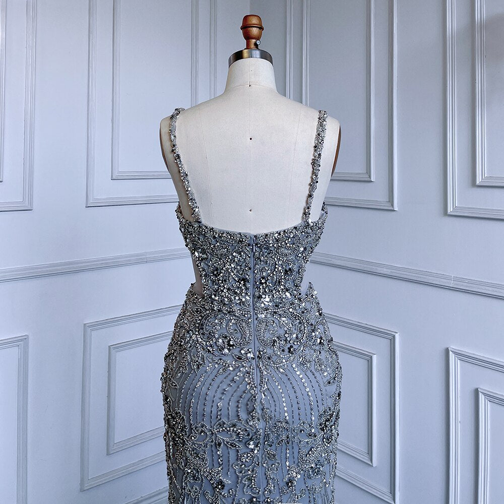Grey Mermaid Sexy Spaghetti Straps Cut Out Luxury Beaded Feather Dress Evening Gowns 2025 For Woman Party LA71774