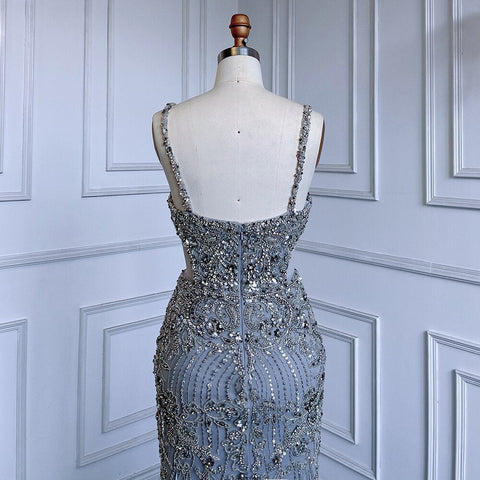 Grey Mermaid Sexy Spaghetti Straps Cut Out Luxury Beaded Feather Dress Evening Gowns 2025 For Woman Party LA71774
