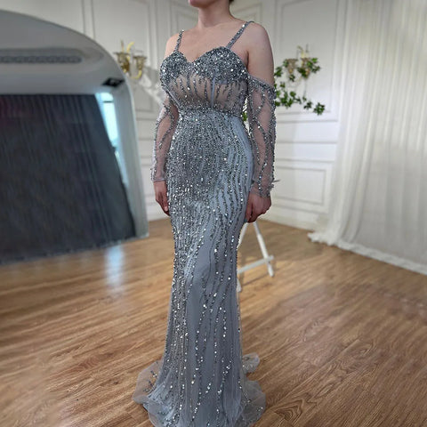 Grey Mermaid Spaghetti Strap Luxury Beaded Elegant Evening Dresses Gowns 2025 For Woman Wedding Party LA71650