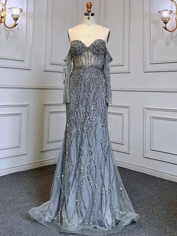 Grey Mermaid Spaghetti Strap Luxury Beaded Elegant Evening Dresses Gowns 2025 For Woman Wedding Party LA71650