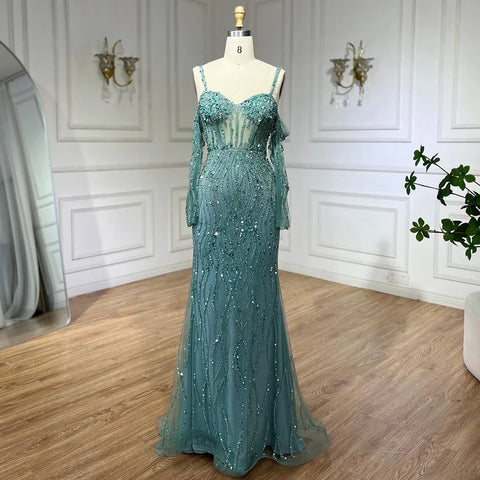 Grey Mermaid Spaghetti Strap Luxury Beaded Elegant Evening Dresses Gowns 2025 For Woman Wedding Party LA71650