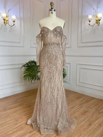 Grey Mermaid Spaghetti Strap Luxury Beaded Elegant Evening Dresses Gowns 2025 For Woman Wedding Party LA71650