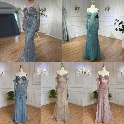 Grey Mermaid Spaghetti Strap Luxury Beaded Elegant Evening Dresses Gowns 2025 For Woman Wedding Party LA71650