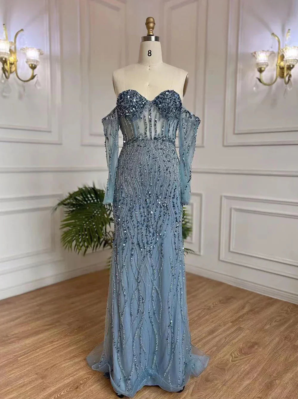 Grey Mermaid Spaghetti Strap Luxury Beaded Elegant Evening Dresses Gowns 2025 For Woman Wedding Party LA71650