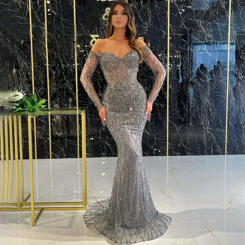 Grey Mermaid Spaghetti Strap Luxury Beaded Elegant Evening Dresses Gowns 2025 For Woman Wedding Party LA71650