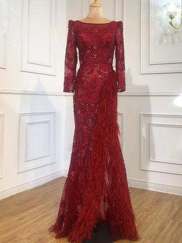 Grey Mermaid Split Luxury Evening Dresses Gowns 2025 Elegant Beadings Feathers Formal Women Party LA70828