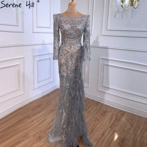 Grey Mermaid Split Luxury Evening Dresses Gowns 2025 Elegant Beadings Feathers Formal Women Party LA70828