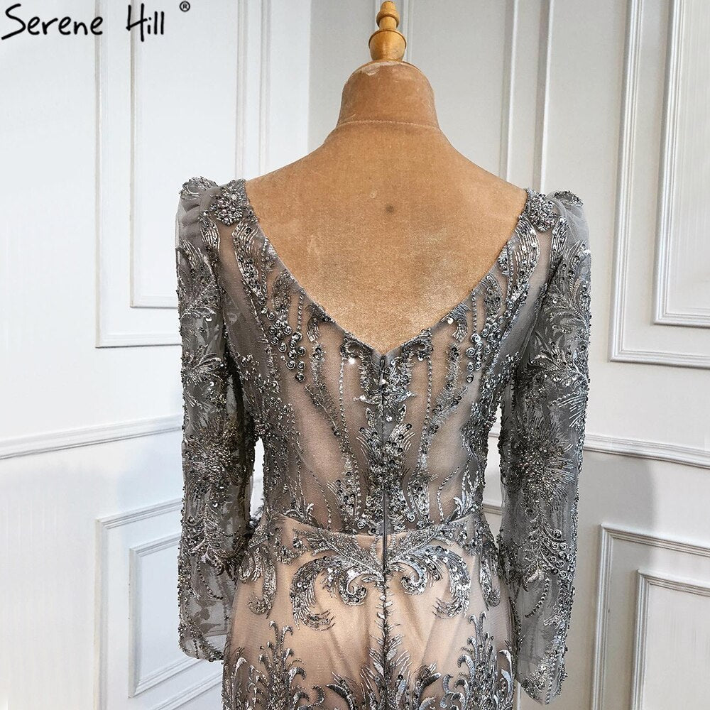 Grey Mermaid Split Luxury Evening Dresses Gowns 2025 Elegant Beadings Feathers Formal Women Party LA70828
