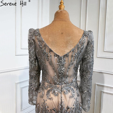 Grey Mermaid Split Luxury Evening Dresses Gowns 2025 Elegant Beadings Feathers Formal Women Party LA70828