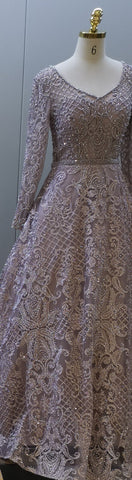 Grey Muslim Lace Beaded Evening Dresses Gowns 2025 Long A-Line Luxury For Women Party LA71472