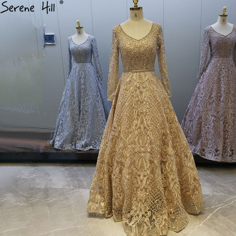 Grey Muslim Lace Beaded Evening Dresses Gowns 2025 Long A-Line Luxury For Women Party LA71472