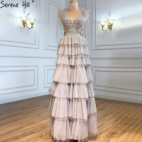 Grey Nude A-Line Evening Dresses 2025 Luxury Beaded Tiered Sexy For Women Wedding Party LA71228
