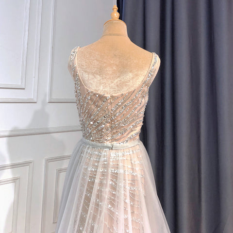 Grey Nude Elegant Mermaid Detachable Skirt Evening Dress Dress 2025 Ladies Beaded Luxury Party LA71380L