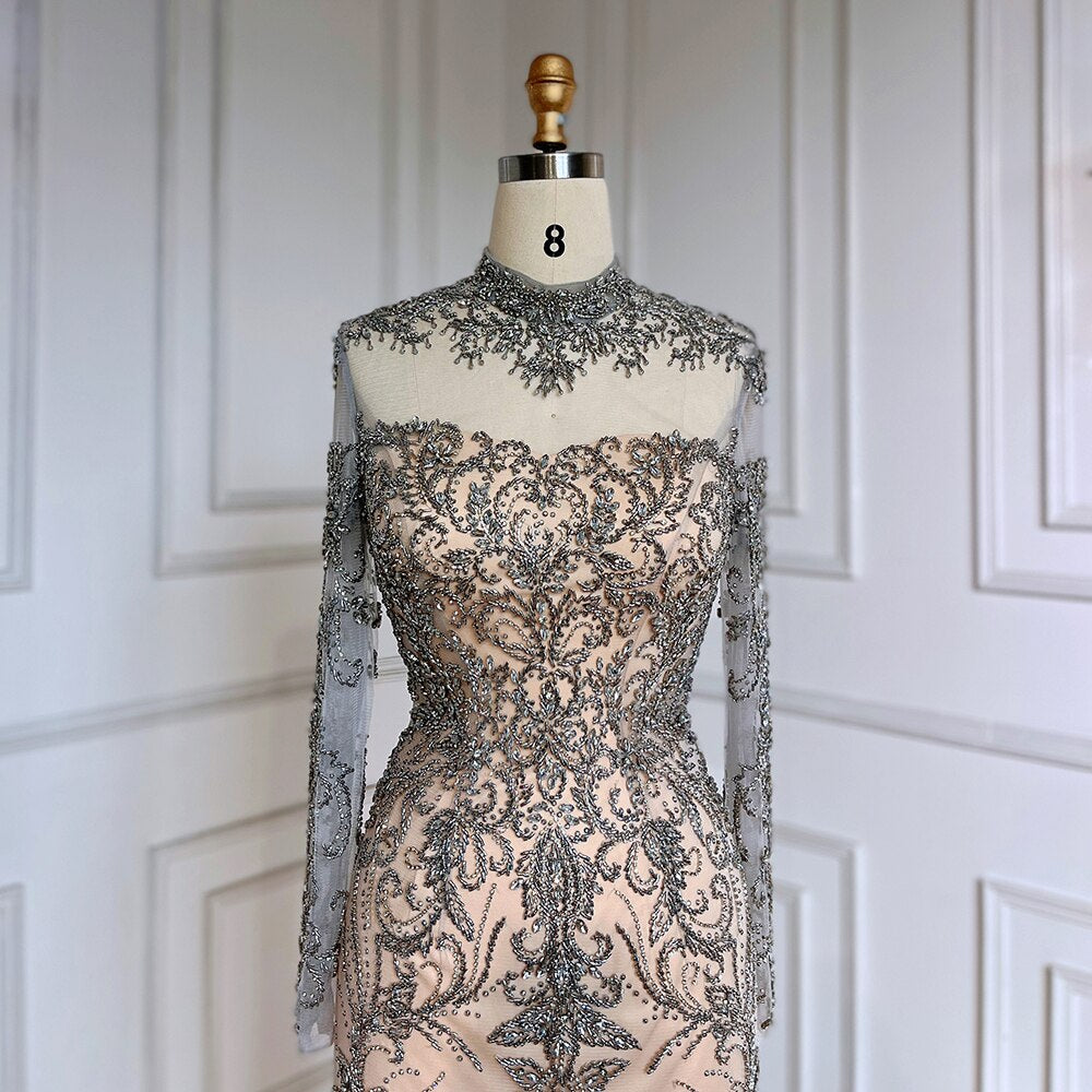 Grey Nude Elegant Mermaid Sexy Lace Beaded Luxury Evening Dresses Gowns For Women Arabic Party 2025 LA71837