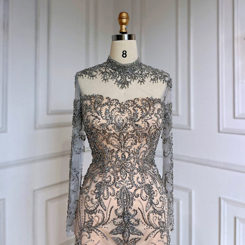 Grey Nude Elegant Mermaid Sexy Lace Beaded Luxury Evening Dresses Gowns For Women Arabic Party 2025 LA71837