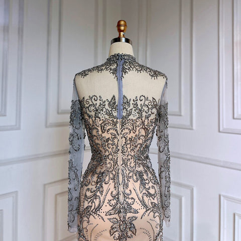 Grey Nude Elegant Mermaid Sexy Lace Beaded Luxury Evening Dresses Gowns For Women Arabic Party 2025 LA71837