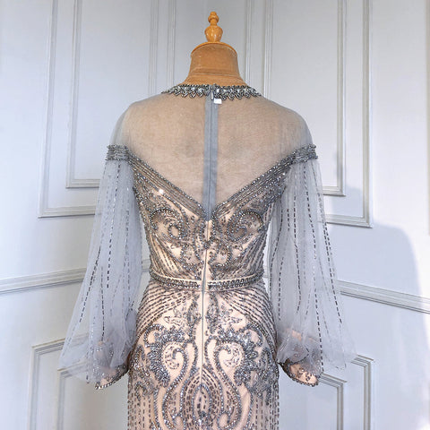 Grey Nude Luxury Evening Dresses Gowns 2025 Beaded Lantern Sleeve Mermaid Elegant For Women Party LA71603