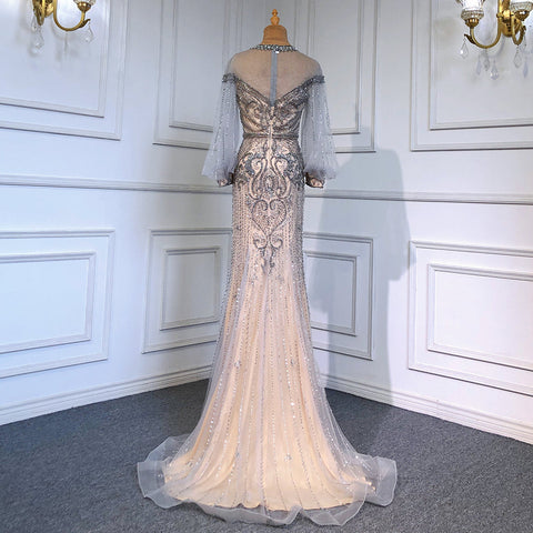 Grey Nude Luxury Evening Dresses Gowns 2025 Beaded Lantern Sleeve Mermaid Elegant For Women Party LA71603