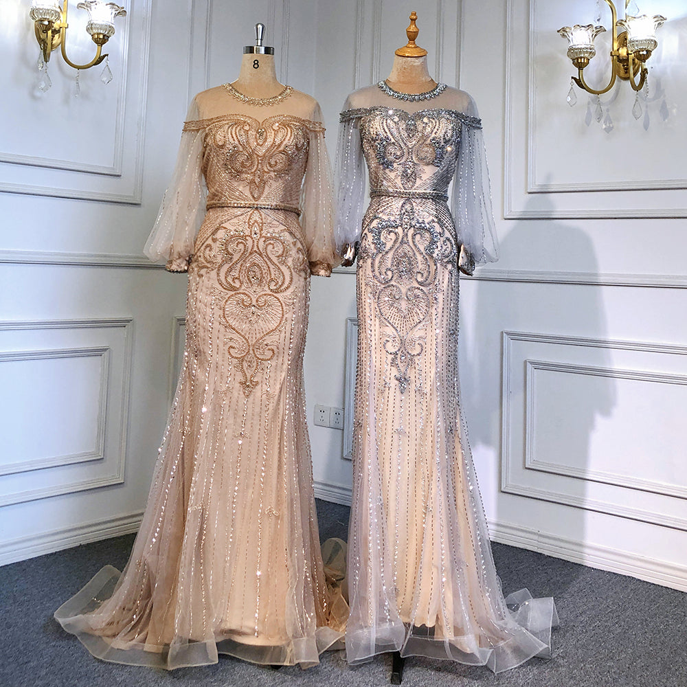 Grey Nude Luxury Evening Dresses Gowns 2025 Beaded Lantern Sleeve Mermaid Elegant For Women Party LA71603