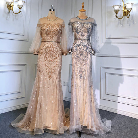 Grey Nude Luxury Evening Dresses Gowns 2025 Beaded Lantern Sleeve Mermaid Elegant For Women Party LA71603
