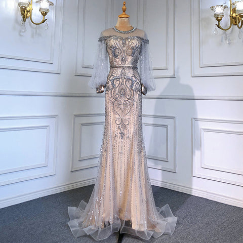 Grey Nude Luxury Evening Dresses Gowns 2025 Beaded Lantern Sleeve Mermaid Elegant For Women Party LA71603