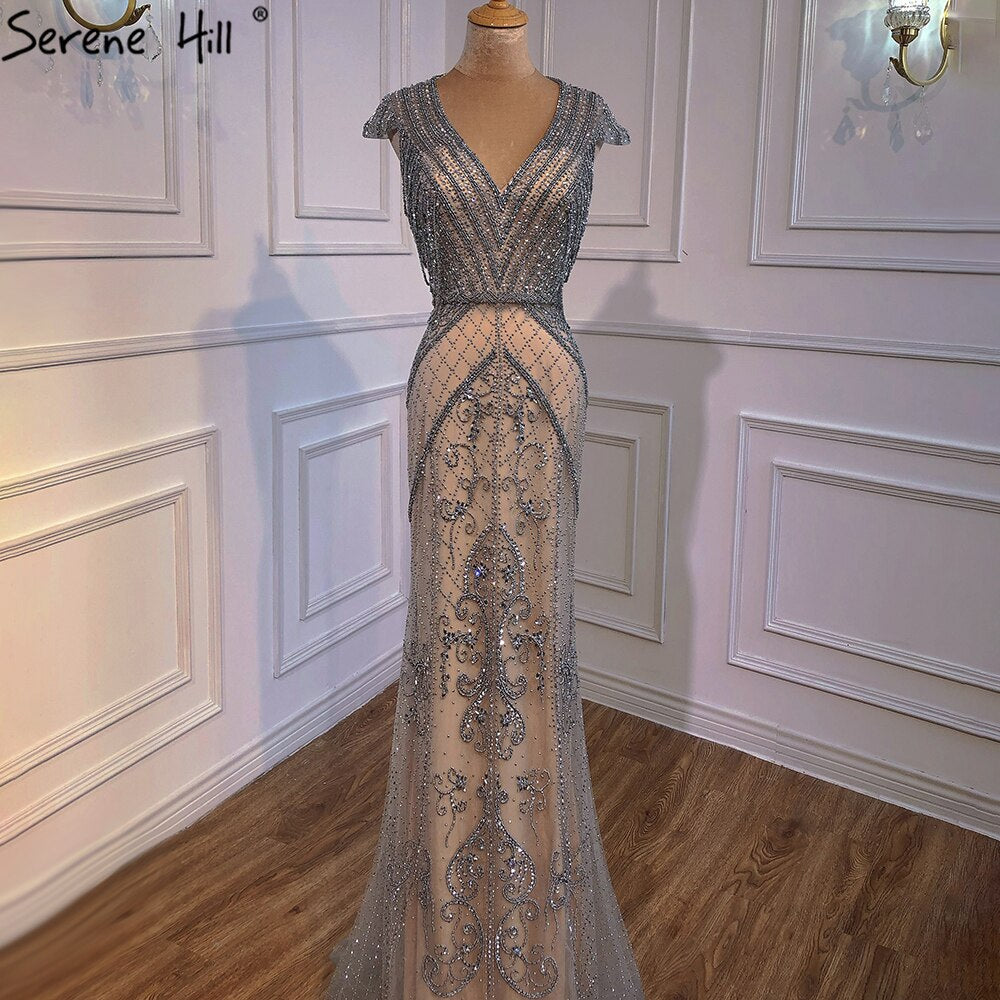Grey Nude Mermaid Elagant Luxury Evening Gowns 2025 Beading Backless Sexy For Women Party  LA70799