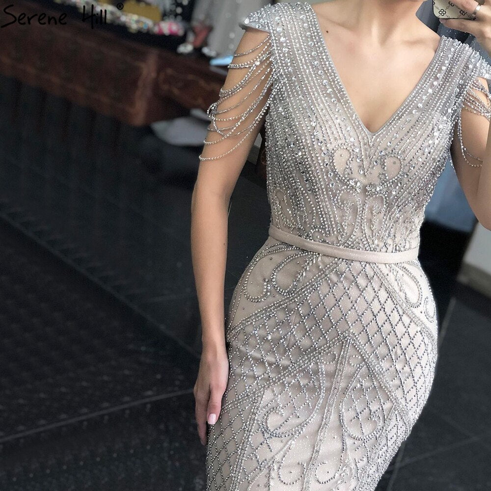 Grey Nude Mermaid Elagant Luxury Evening Gowns 2025 Beading Backless Sexy For Women Party  LA70799