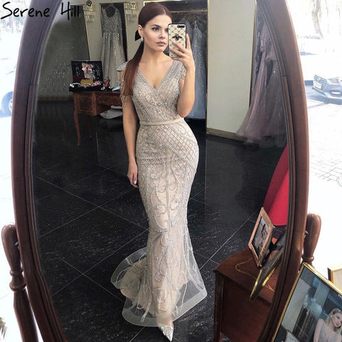 Grey Nude Mermaid Elagant Luxury Evening Gowns 2025 Beading Backless Sexy For Women Party  LA70799
