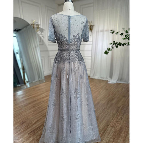 Grey O Neck Short Sleeves A Line Evening Dresses 2025 Mother of the Bride Luxury Beaded Party Gowns LA72102