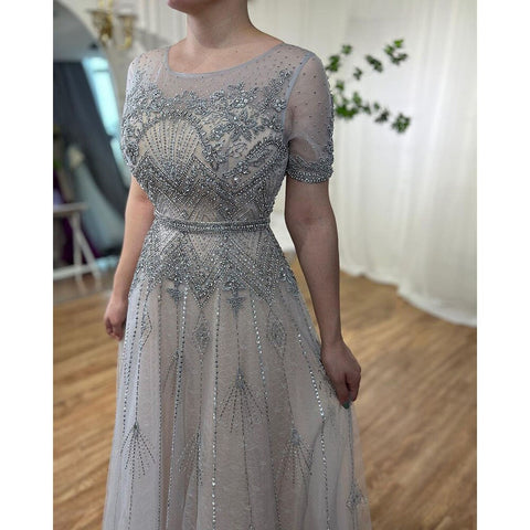 Grey O Neck Short Sleeves A Line Evening Dresses 2025 Mother of the Bride Luxury Beaded Party Gowns LA72102
