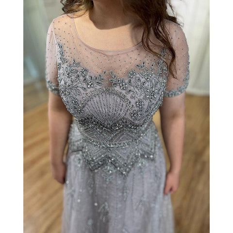Grey O Neck Short Sleeves A Line Evening Dresses 2025 Mother of the Bride Luxury Beaded Party Gowns LA72102