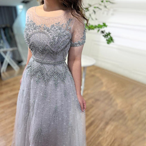 Grey O Neck Short Sleeves A Line Evening Dresses 2025 Mother of the Bride Luxury Beaded Party Gowns LA72102