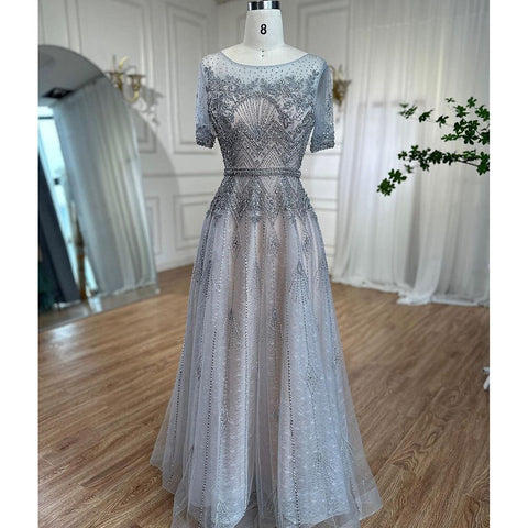 Grey O Neck Short Sleeves A Line Evening Dresses 2025 Mother of the Bride Luxury Beaded Party Gowns LA72102