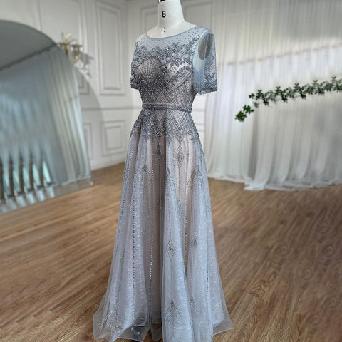 Grey O Neck Short Sleeves A Line Evening Dresses 2025 Mother of the Bride Luxury Beaded Party Gowns LA72102