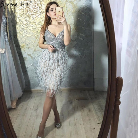 Grey Sleeveless Sexy Short Dresses 2025 Beading Feathers Mermaid Party Cocktail Gowns LA70766