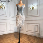 Grey Sleeveless Sexy Short Dresses 2025 Beading Feathers Mermaid Party Cocktail Gowns LA70766