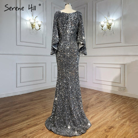 Grey Sliver Luxury Evening Dresses Gowns 2025 Elegant Sexy Flared Sleeves For Woman Party LA71178